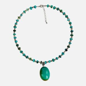 Turquoise Silver Stone Pendant Bead Choker Necklace